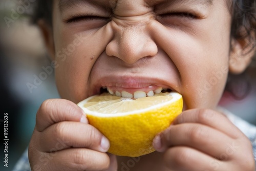 A close-up of a man grimacing to biting into a sour lemon. photo