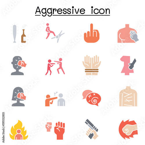 Set of Violence Related Vector Line Icons. Contains such Icons as human trafficking, sexual harassment, bully, angry, hit, rude, brawl and more.