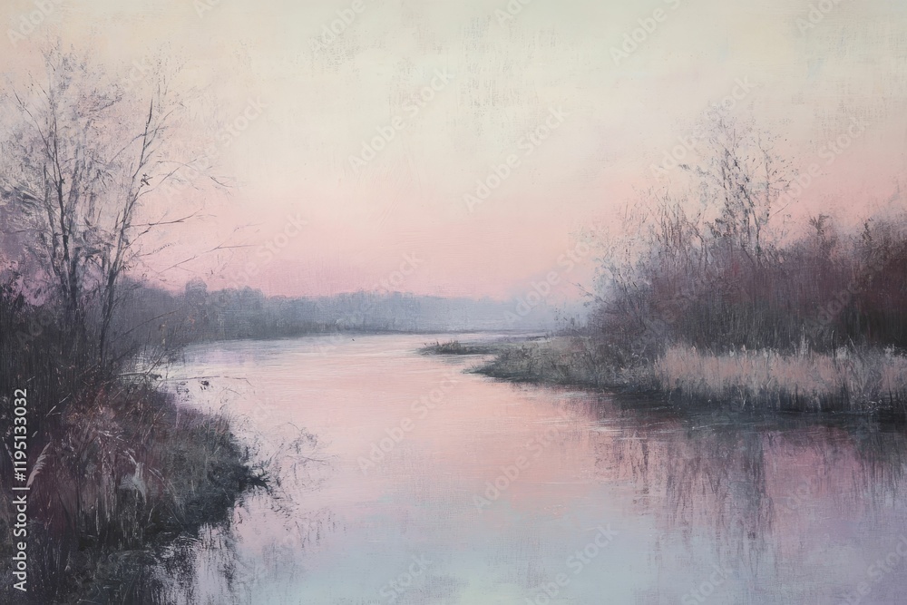 Tranquil river scene, pale sunset, bare trees. Tranquil river scene, pale sunset, bare trees.