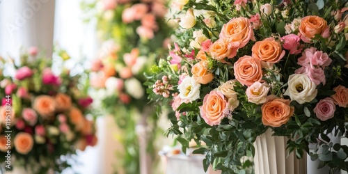 Floral arrangements featuring vibrant pink and orange roses grouped elegantly in the foreground with lush greenery in softly blurred background.