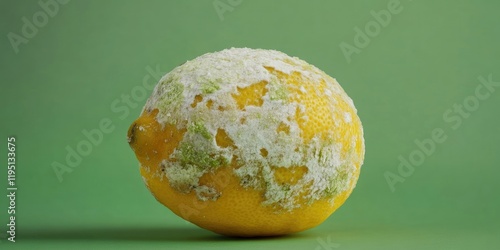 Moldy lemon on vibrant green background showcasing yellow and green tones depicting inedible fruit with visible decay and texture details photo