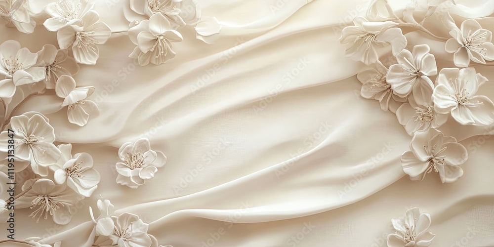 Elegant ivory silk fabric backdrop adorned with delicate white floral embellishments, soft folds create a serene, vintage-inspired aesthetic. Elegant ivory silk fabric backdrop adorned with delicate white floral embellishments, soft folds create a serene, vintage-inspired aesthetic.