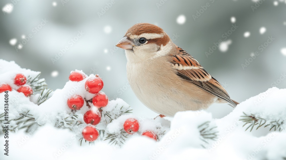 Obraz premium Charming Sparrow Perched on Snowy Branches Amidst Red Berries, Capturing the Essence of Winter's Beauty in a Serene Natural Habitat