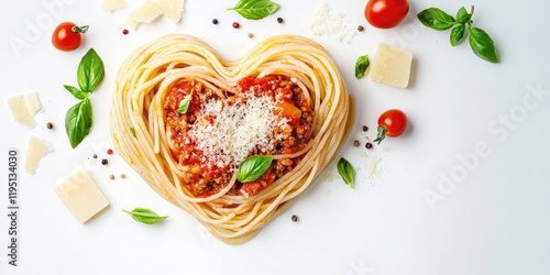 Heart-shaped spaghetti Bolognese with tomato sauce, parmesan, and basil, garnished with cherry tomatoes on a white background, vibrant colors.