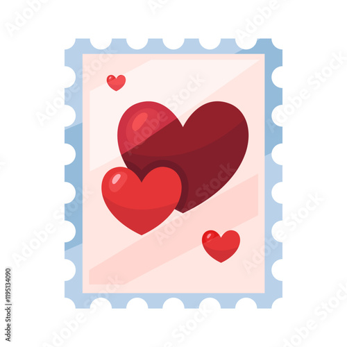 Postage stamp with heart card for Valentines Day. Romantic postal sign for love and affection feeling. Greeting card for romantic holiday or festive. Wedding, marriage, invitation postmark.