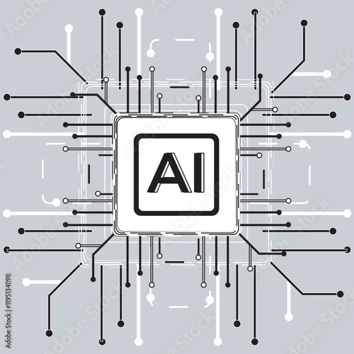 AI microchip illustration with a circuit board design, representing artificial intelligence, machine learning, and advanced technology.