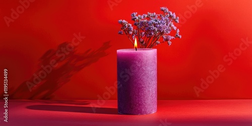 Violet candle with lit wick and purple flowers positioned in the center, set against a vibrant red background with soft shadows. photo