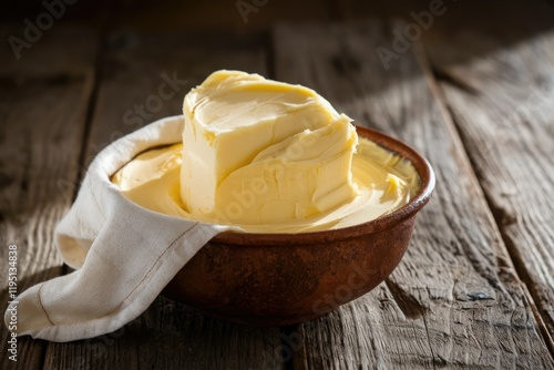 A rustic earthenware bowl brimming with creamy, freshly churned butter, a dairy delight. photo