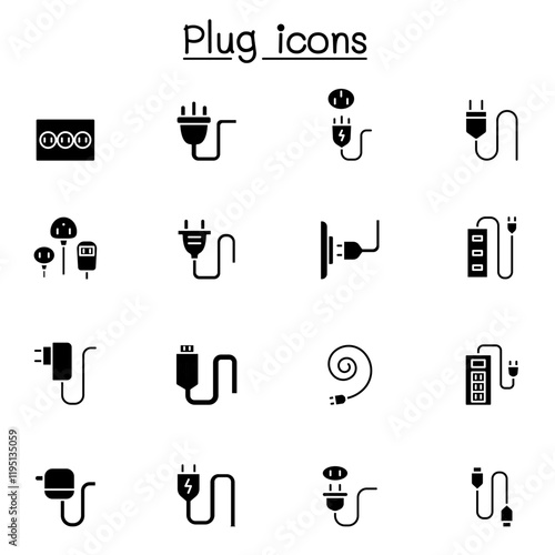 Plug, usb, cable, socket icon set in thin line style