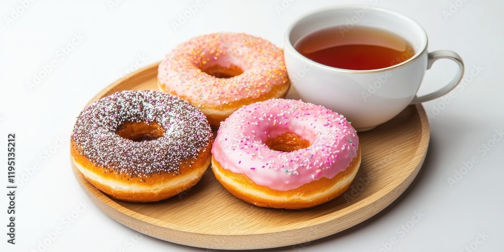 Colorful donuts with pink and chocolate icing on a wooden plate beside a white teacup filled with tea, set against a clean white background. Colorful donuts with pink and chocolate icing on a wooden plate beside a white teacup filled with tea, set against a clean white background.