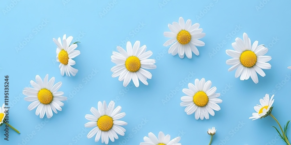 Chamomile daisies with yellow centers and soft white petals scattered across a light blue background symbolizing nature and eco-friendly beauty. Chamomile daisies with yellow centers and soft white petals scattered across a light blue background symbolizing nature and eco-friendly beauty.