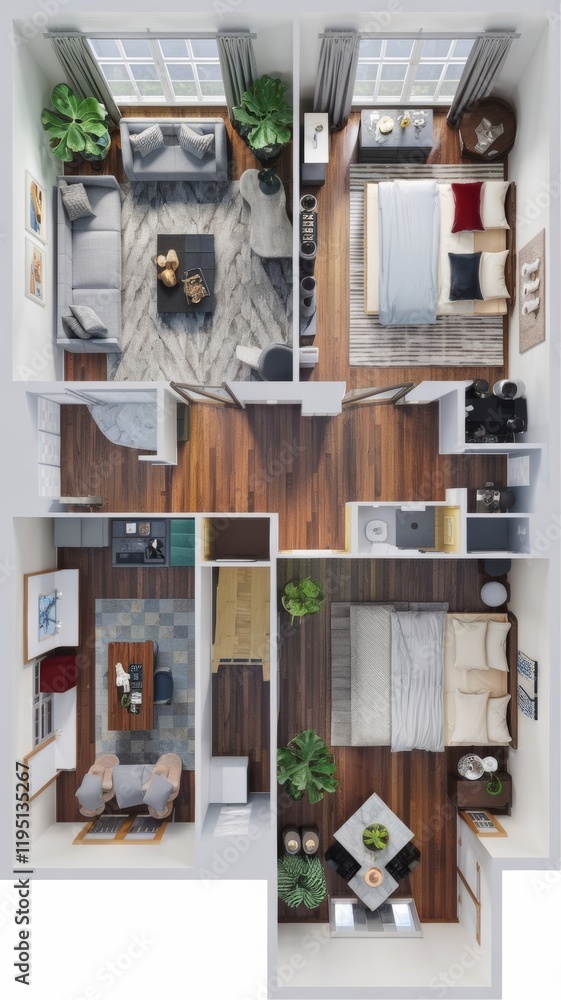 Fototapeta premium Detailed plan of furnitured flat, top view, real estate concept.