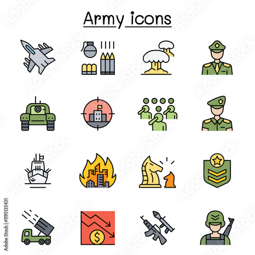 War & army icons set in thin line style