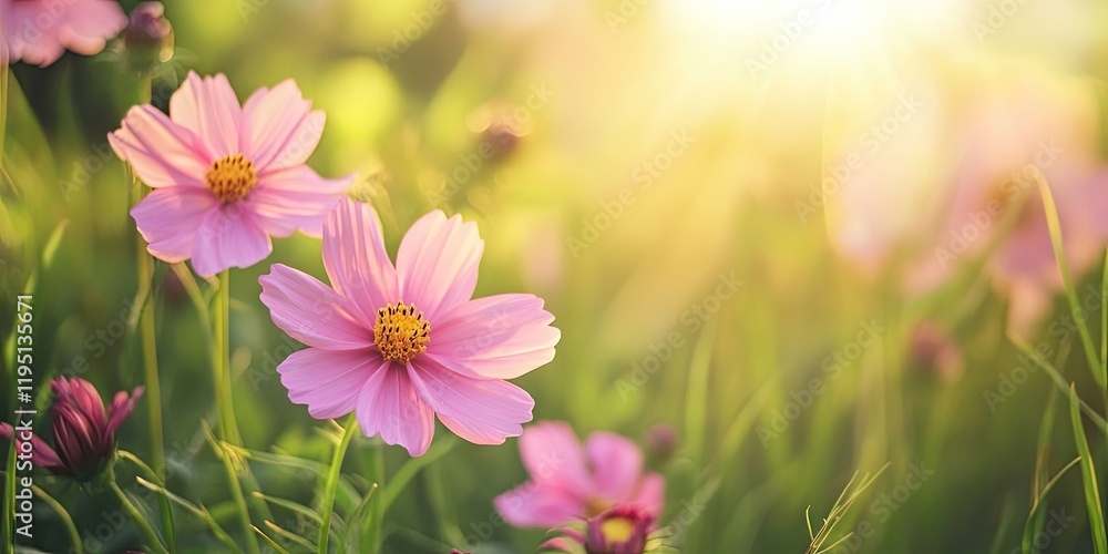 Pink cosmos flowers bloom vibrantly in a lush green garden bathed in soft golden sunlight creating a serene and peaceful atmosphere. Pink cosmos flowers bloom vibrantly in a lush green garden bathed in soft golden sunlight creating a serene and peaceful atmosphere.