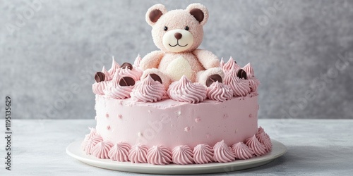 Delicate pink birthday cake for a baby girl featuring a teddy bear toy surrounded by chocolate and meringue swirls on a grey background. photo