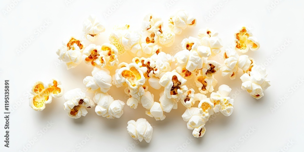 Savory white popcorn scattered against a clean white background, highlighting textures and golden-brown kernels for appetizing visual appeal. Savory white popcorn scattered against a clean white background, highlighting textures and golden-brown kernels for appetizing visual appeal.
