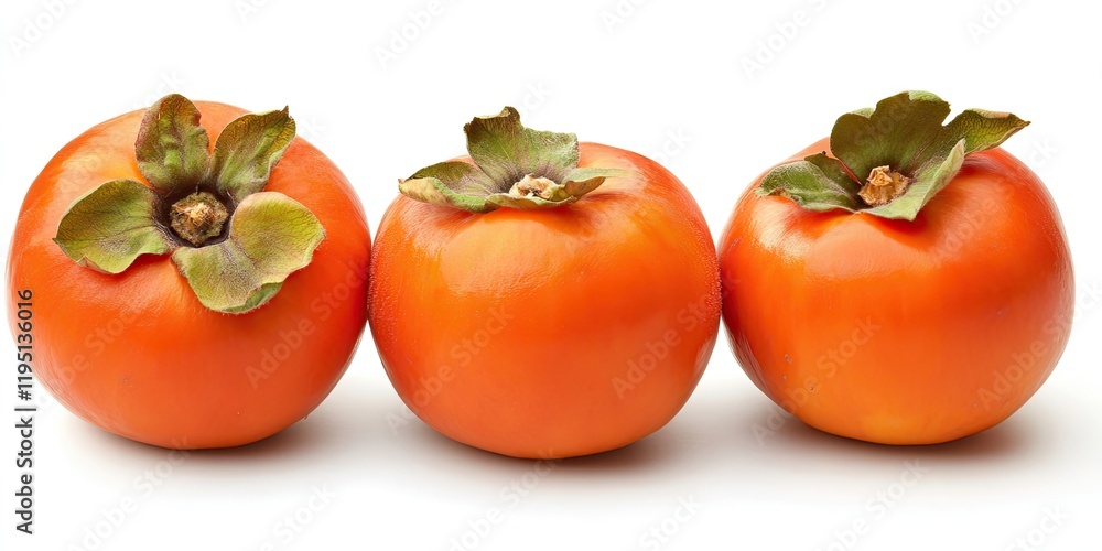 Three vibrant orange ripe persimmons arranged in a straight line with leafy green tops on a clean white background ideal for food photography Three vibrant orange ripe persimmons arranged in a straight line with leafy green tops on a clean white background ideal for food photography