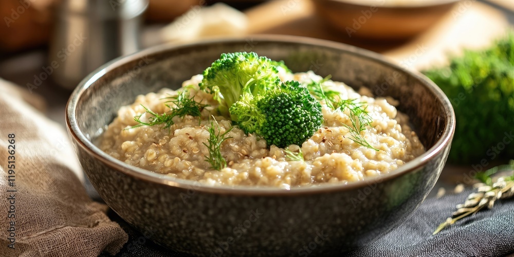 Healthy bowl of creamy buckwheat porridge topped with fresh broccoli placed in a rustic setting featuring neutral tones and natural textures Healthy bowl of creamy buckwheat porridge topped with fresh broccoli placed in a rustic setting featuring neutral tones and natural textures