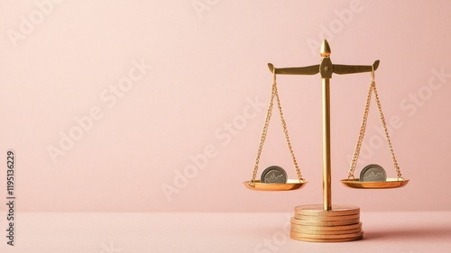 Wallpaper Mural Healthcare Costs premium concept. Golden scales balance currency coins on a soft pink background, symbolizing justice and finance. Torontodigital.ca