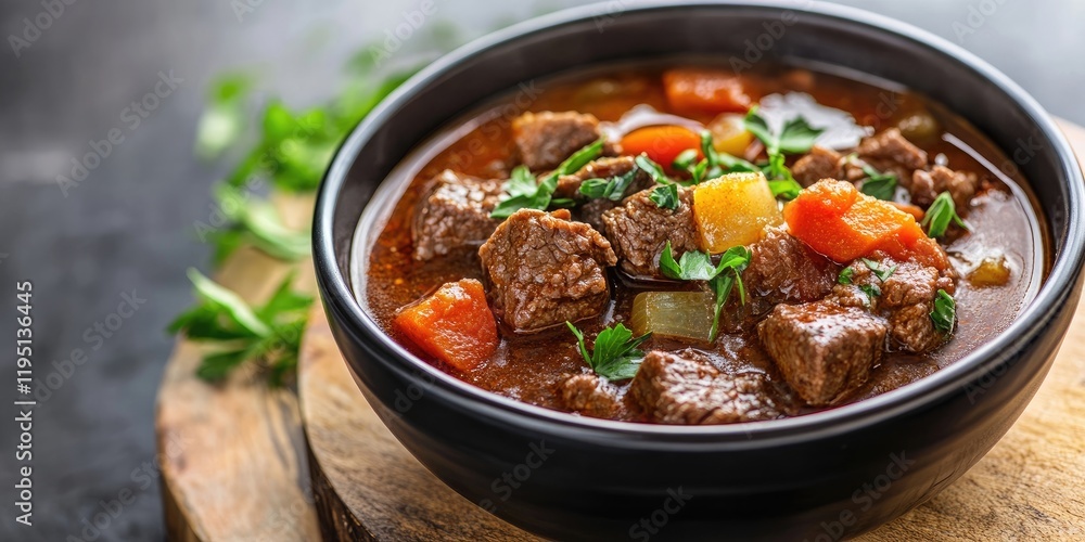 Savory beef stew in a black bowl with colorful vegetables and herbs, placed on a rustic wooden surface, with a blurred dark background. Savory beef stew in a black bowl with colorful vegetables and herbs, placed on a rustic wooden surface, with a blurred dark background.