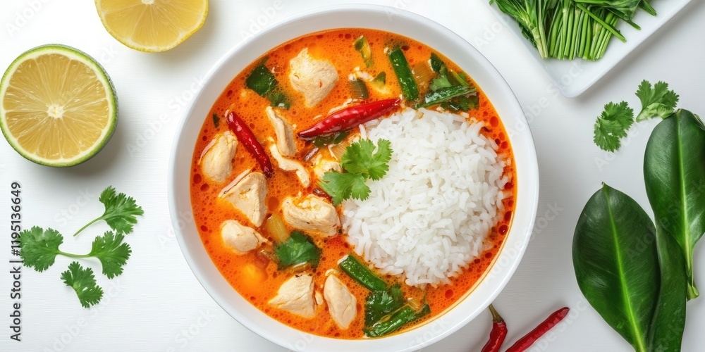 Vibrant bowl of Tom Yum Kai chicken soup with jasmine rice garnished with lime, cilantro, and chilies on a white background, close-up view Vibrant bowl of Tom Yum Kai chicken soup with jasmine rice garnished with lime, cilantro, and chilies on a white background, close-up view