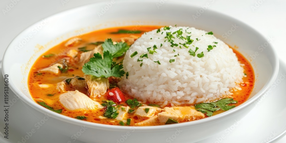 Delicious Tom Yum Kai chicken soup with jasmine rice in a white bowl garnished with cilantro on a bright white background Delicious Tom Yum Kai chicken soup with jasmine rice in a white bowl garnished with cilantro on a bright white background