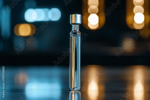 Wallpaper Mural Transparent glass vial standing upright on a reflective surface illuminated by soft bokeh lights in the background, creating an elegant and calming atmosphere Torontodigital.ca