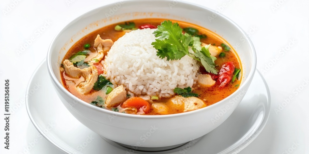 Classic Tom Yum Kai chicken soup with jasmine rice garnished with cilantro in a white bowl against a clean white background. Classic Tom Yum Kai chicken soup with jasmine rice garnished with cilantro in a white bowl against a clean white background.