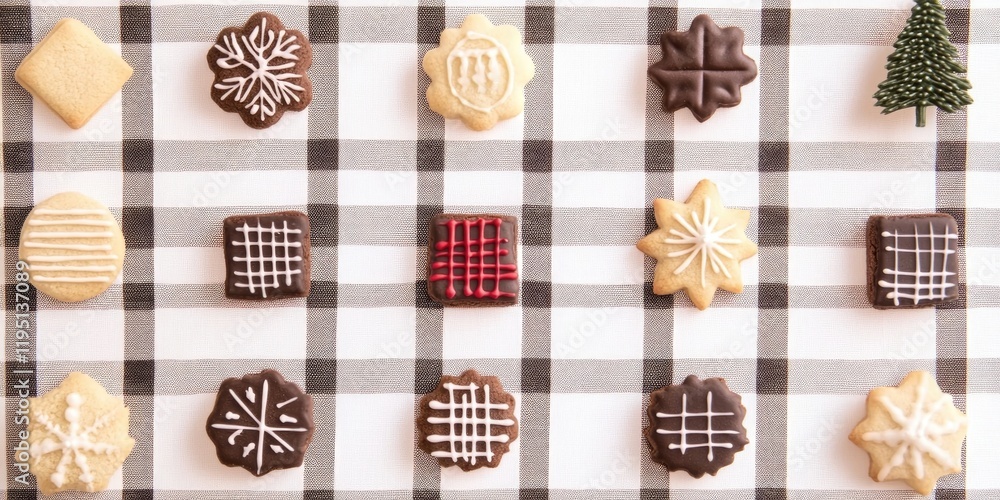 Festive Christmas cookies in various shapes and colors arranged on a black and white plaid background creating a cheerful holiday vibe. Festive Christmas cookies in various shapes and colors arranged on a black and white plaid background creating a cheerful holiday vibe.