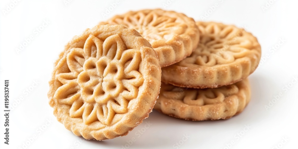 Festive Eid cookies beautifully arranged on a crisp white background showcasing intricate floral patterns and warm golden-brown colors. Festive Eid cookies beautifully arranged on a crisp white background showcasing intricate floral patterns and warm golden-brown colors.