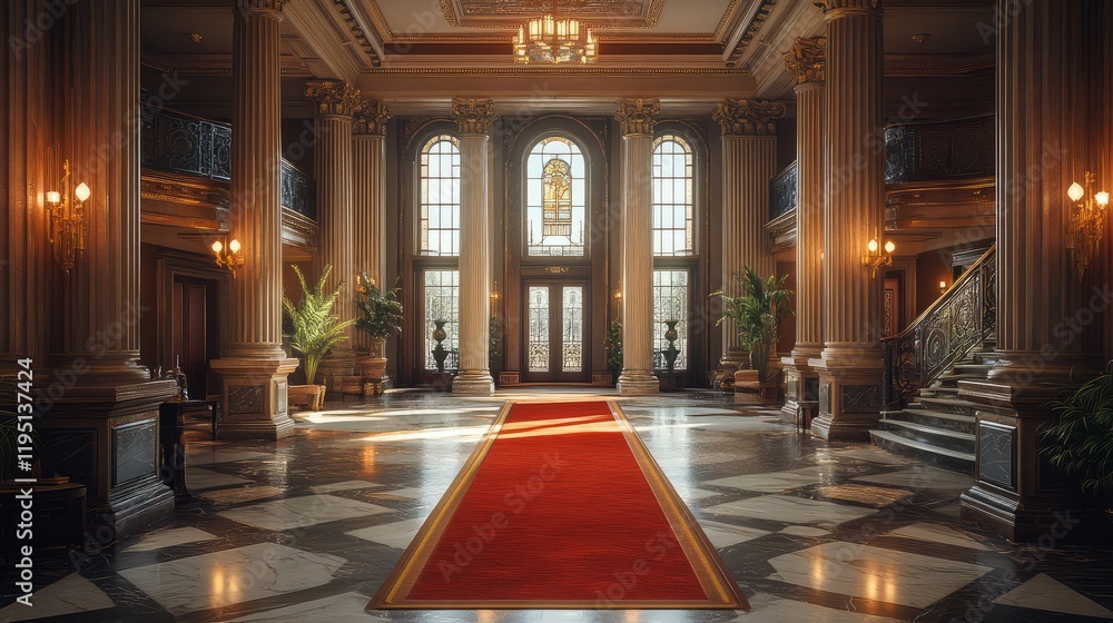 Fototapeta premium Elegant interior of a grand hall with red carpet, columns, and decorative windows.