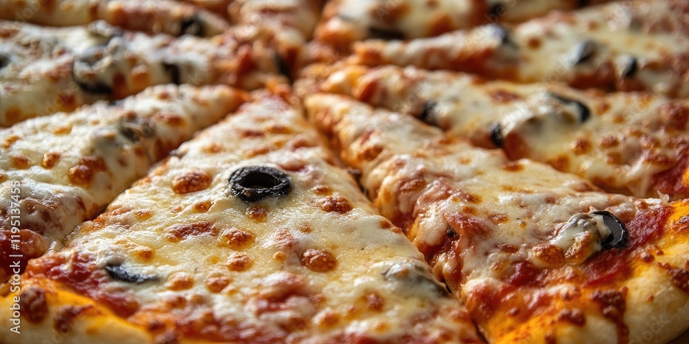 Cheesy pizza slices arranged in a circular pattern with golden crusts and tantalizing toppings including black olives and melted cheese. Cheesy pizza slices arranged in a circular pattern with golden crusts and tantalizing toppings including black olives and melted cheese.