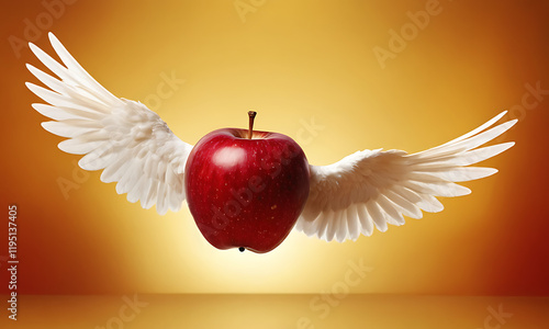 simple red apple with rings, flying red apple with wings on yellow background