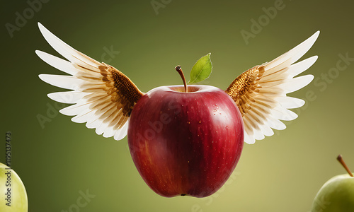 apple with wings, simple red apple with wing on soft green background