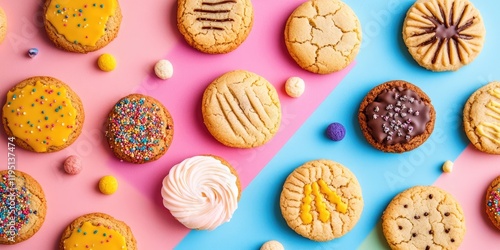 Colorful assortment of cookies on pink and blue background with sprinkles and icing, featuring circular shapes and soft textures, inviting and vibrant.