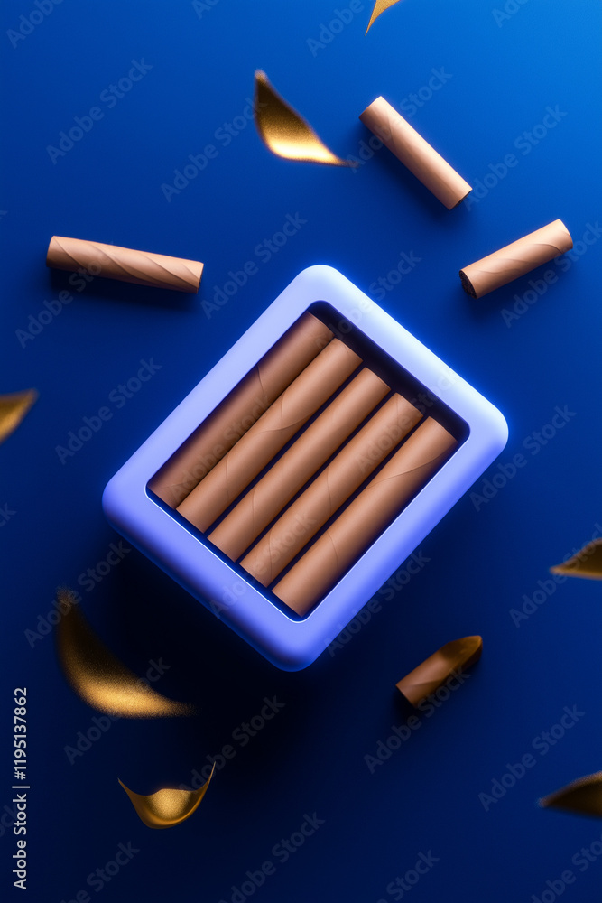 Brown tubes in a purple container against a blue background. Brown tubes in a purple container against a blue background.