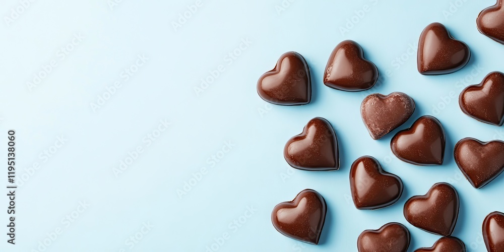 Fototapeta premium Heart-shaped chocolate candies arranged on a light blue background, viewed from above with ample negative space on the left for text.