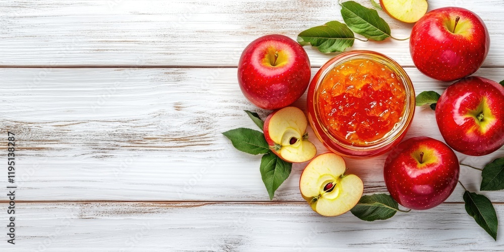 Homemade apple jam in a golden hue placed in a jar surrounded by fresh red apples and green leaves on a white wooden surface with ample copy space. Homemade apple jam in a golden hue placed in a jar surrounded by fresh red apples and green leaves on a white wooden surface with ample copy space.