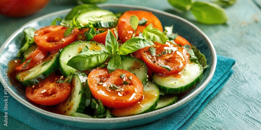 Vibrant homemade salad with cucumber and tomato garnished with basil on a teal napkin ample copy space square layout close up view Vibrant homemade salad with cucumber and tomato garnished with basil on a teal napkin ample copy space square layout close up view