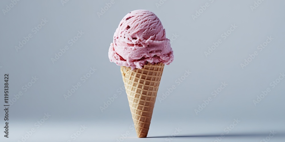 Pink ice cream scoop in a waffle cone positioned centrally against a soft gray background with smooth textures creating a studio ambiance. Pink ice cream scoop in a waffle cone positioned centrally against a soft gray background with smooth textures creating a studio ambiance.