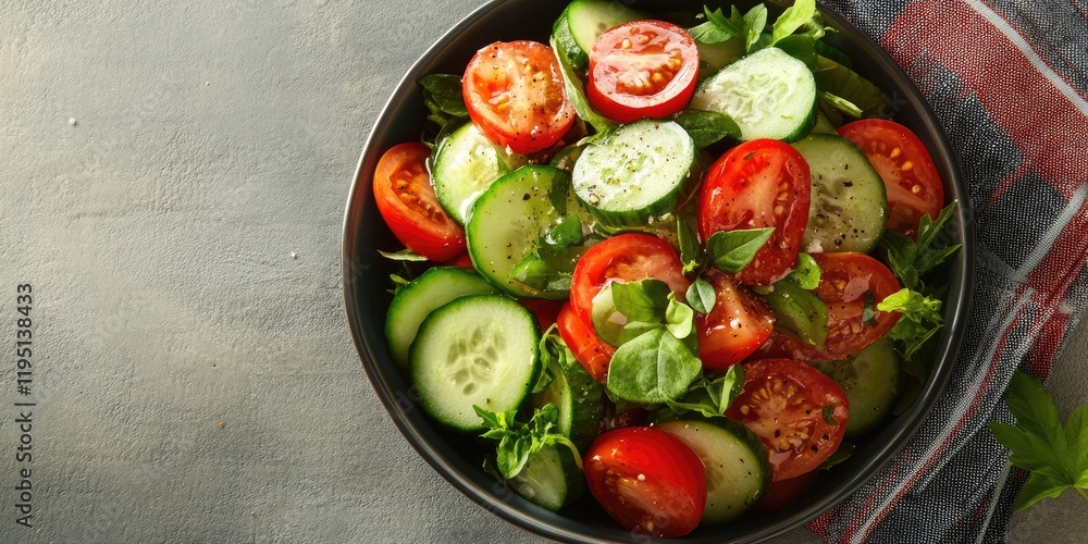 Fresh vibrant salad with red tomatoes and green cucumbers in a dark bowl on a gray background with ample space for text on the left side Fresh vibrant salad with red tomatoes and green cucumbers in a dark bowl on a gray background with ample space for text on the left side