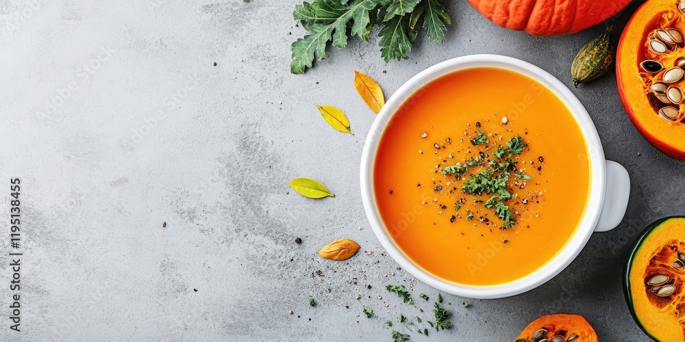 Homemade pumpkin soup in a white ceramic dish on gray concrete background surrounded by fresh pumpkin slices and seeds garnished with herbs Homemade pumpkin soup in a white ceramic dish on gray concrete background surrounded by fresh pumpkin slices and seeds garnished with herbs