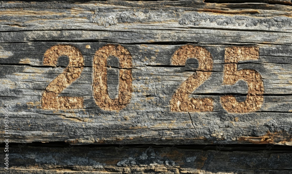 Numbers carved in weathered wood; twenty twenty-five. Numbers carved in weathered wood; twenty twenty-five.