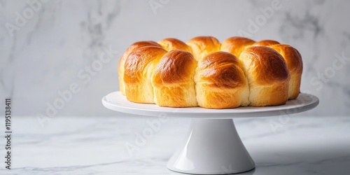 Trendy Japanese Shokupan wool roll bread on a white cake stand with golden brown texture against a light marble background and ample copy space photo