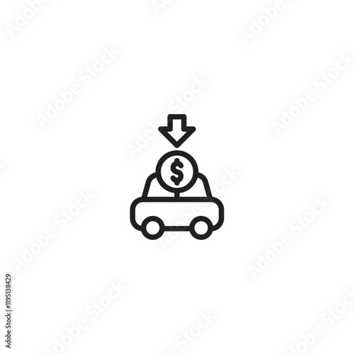 A minimalist line art icon of a car with a dollar sign and down arrow, representing car value depreciation or a car loan payment.