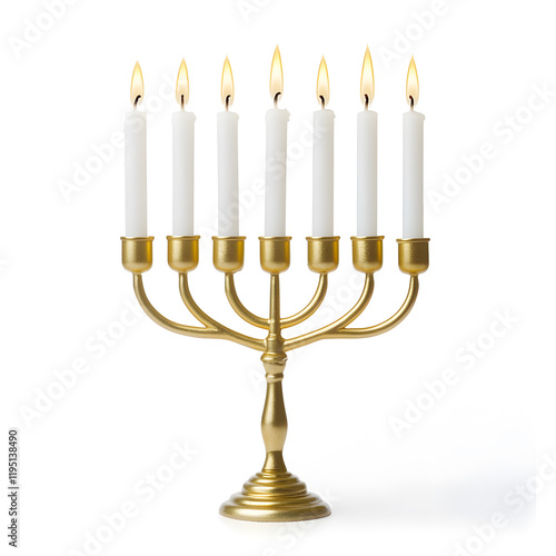 Golden Hanukkah menorah with white burning candles, isolated on white background photo