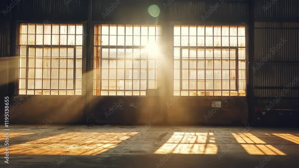 Sunlight streams through large windows, illuminating an empty warehouse. Sunlight streams through large windows, illuminating an empty warehouse.
