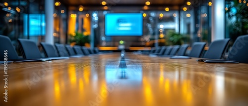 Empty conference room with wooden table and chairs.