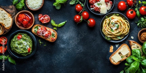 Wallpaper Mural Italian pasta spread with spaghetti and homemade basil pesto alongside bruschetta topped with pesto and cherry tomatoes on dark surface Torontodigital.ca