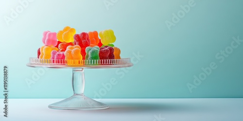 Vibrant assortment of jelly candies in playful colors arranged on a glass dessert stand against a soft turquoise and white background. photo